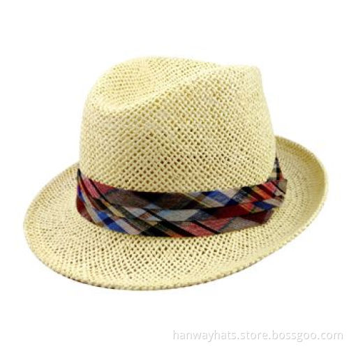 Paper straw trilby hat with check pleated band trim